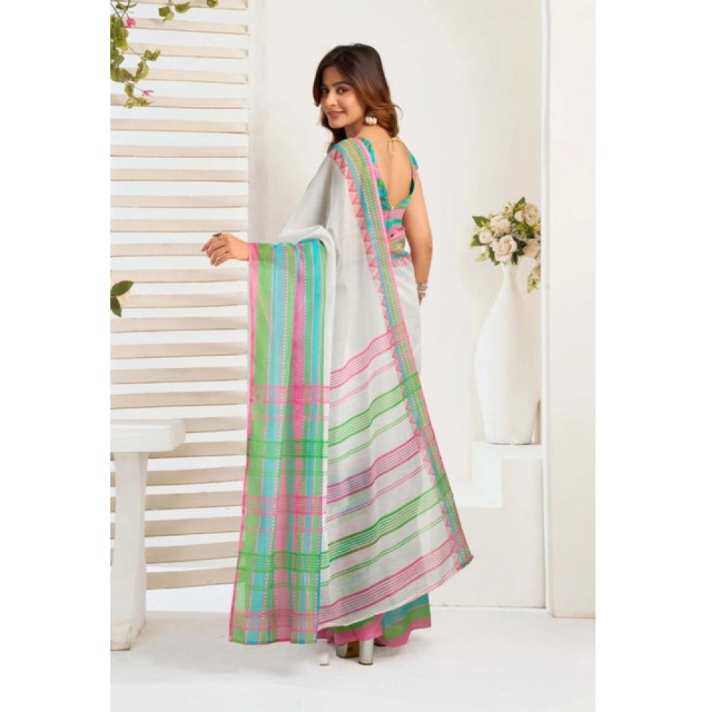 Generic Women's Faux_Linen Printed Ready-to-Wear Saree With Unstitched Blouse 5.5 Mtr (White)