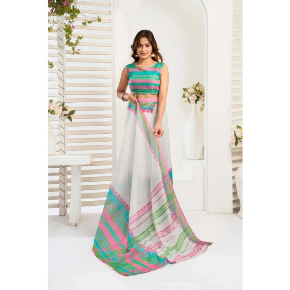 Generic Women's Faux_Linen Printed Ready-to-Wear Saree With Unstitched Blouse 5.5 Mtr (White)