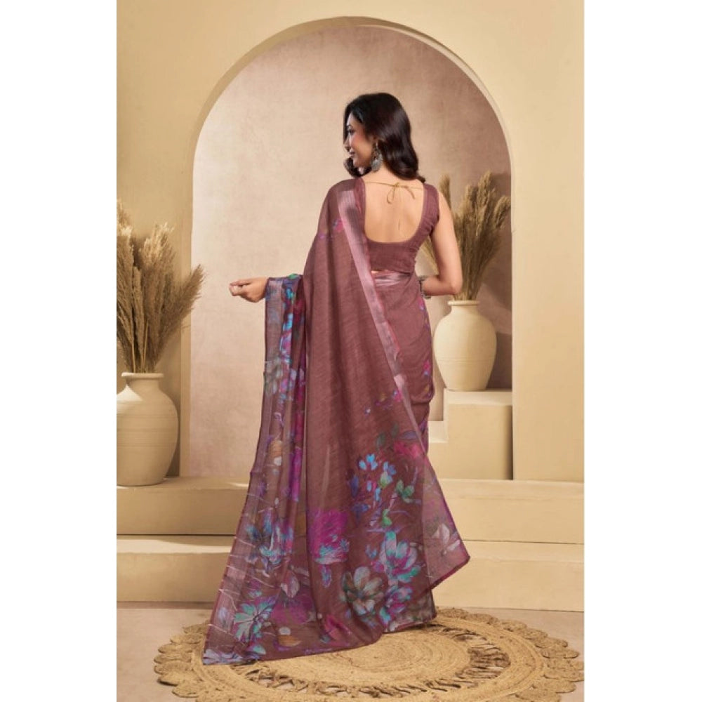 Generic Women's Faux_Linen Printed Ready-to-Wear Saree With Unstitched Blouse 5.5 Mtr (Brown)