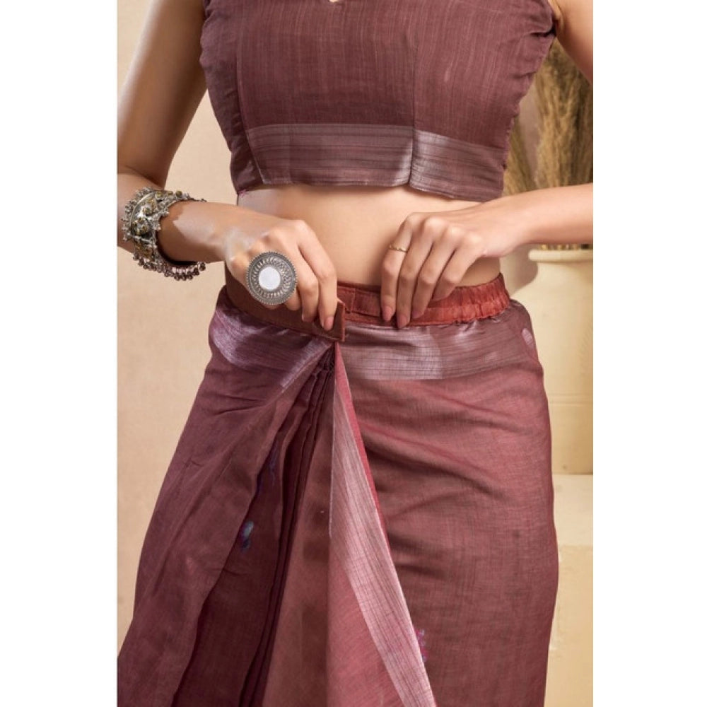 Generic Women's Faux_Linen Printed Ready-to-Wear Saree With Unstitched Blouse 5.5 Mtr (Brown)