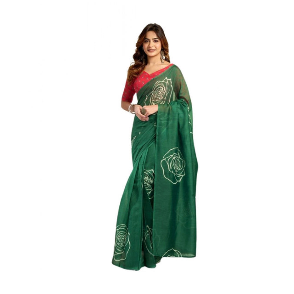 Generic Women's Faux_Linen Printed Ready-to-Wear Saree With Unstitched Blouse 5.5 Mtr (Dark_Green)
