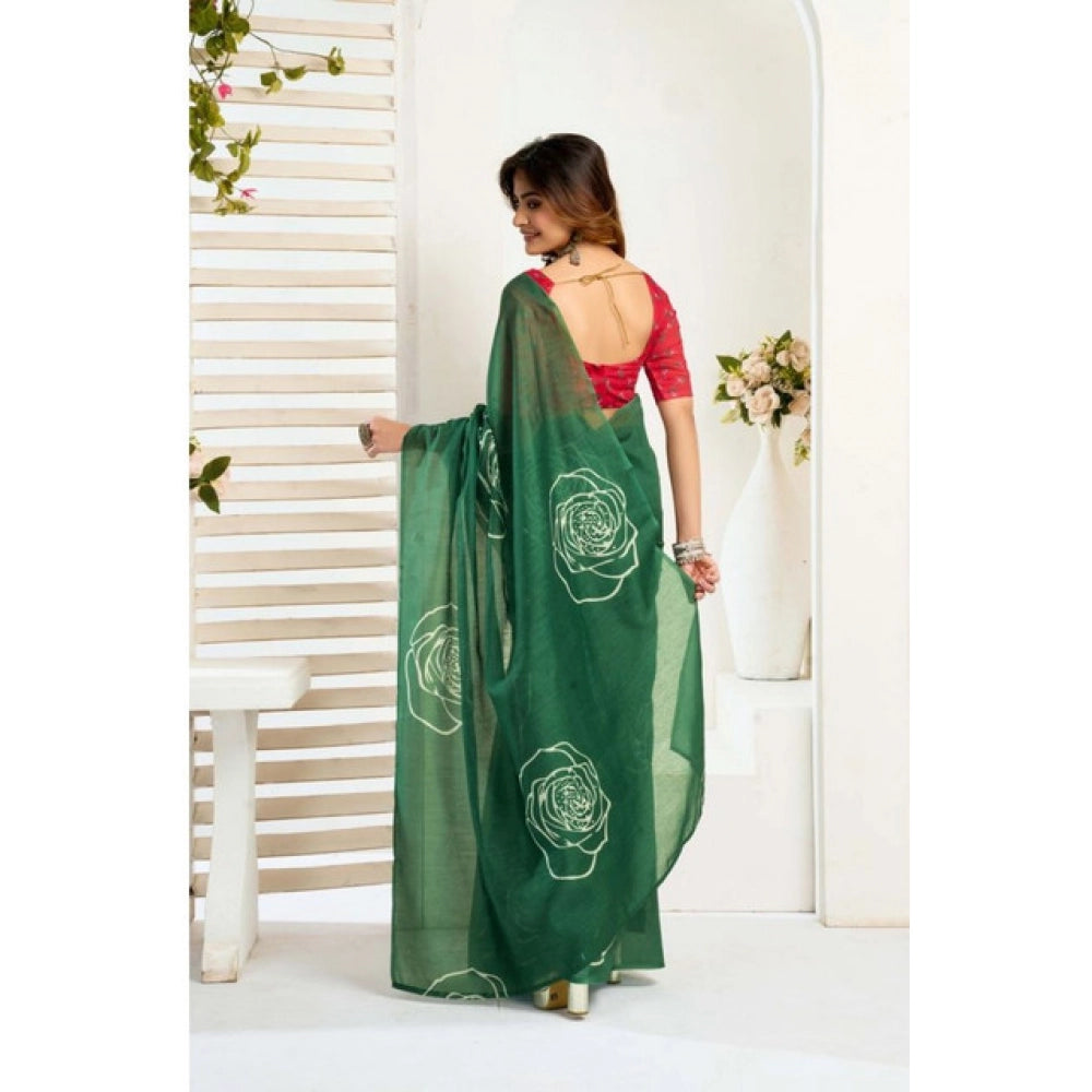 Generic Women's Faux_Linen Printed Ready-to-Wear Saree With Unstitched Blouse 5.5 Mtr (Dark_Green)