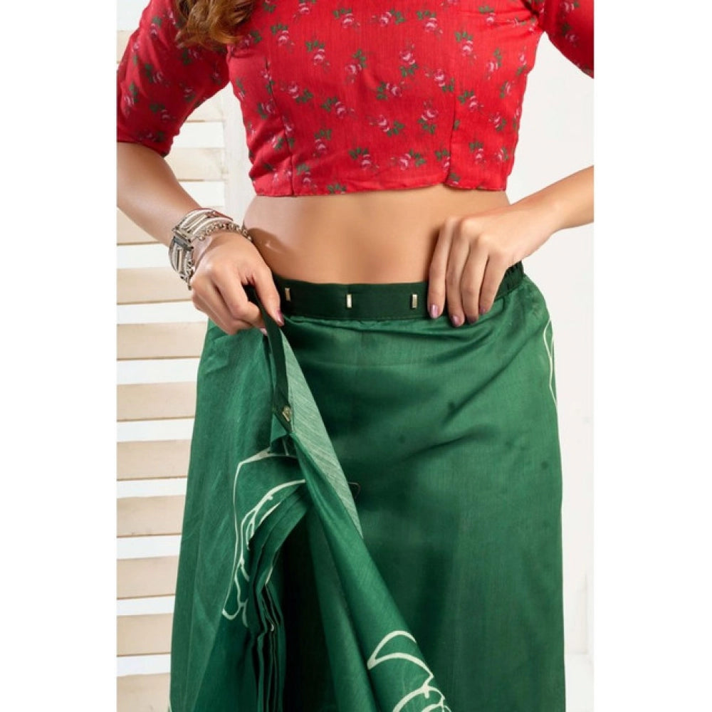 Generic Women's Faux_Linen Printed Ready-to-Wear Saree With Unstitched Blouse 5.5 Mtr (Dark_Green)
