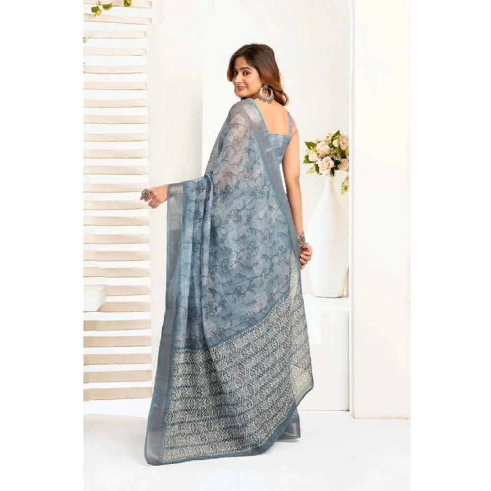 Generic Women's Faux_Linen Printed Ready-to-Wear Saree With Unstitched Blouse 5.5 Mtr (Light_Blue)