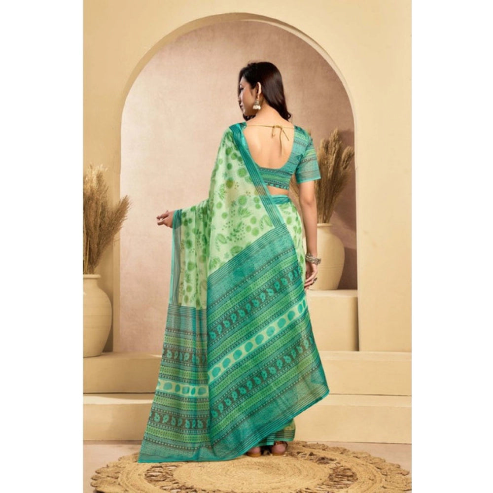 Generic Women's Faux_Linen Printed Ready-to-Wear Saree With Unstitched Blouse 5.5 Mtr (Light_Green)