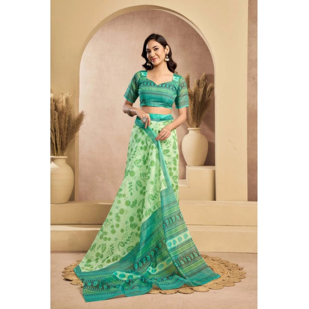 Generic Women's Faux_Linen Printed Ready-to-Wear Saree With Unstitched Blouse 5.5 Mtr (Light_Green)