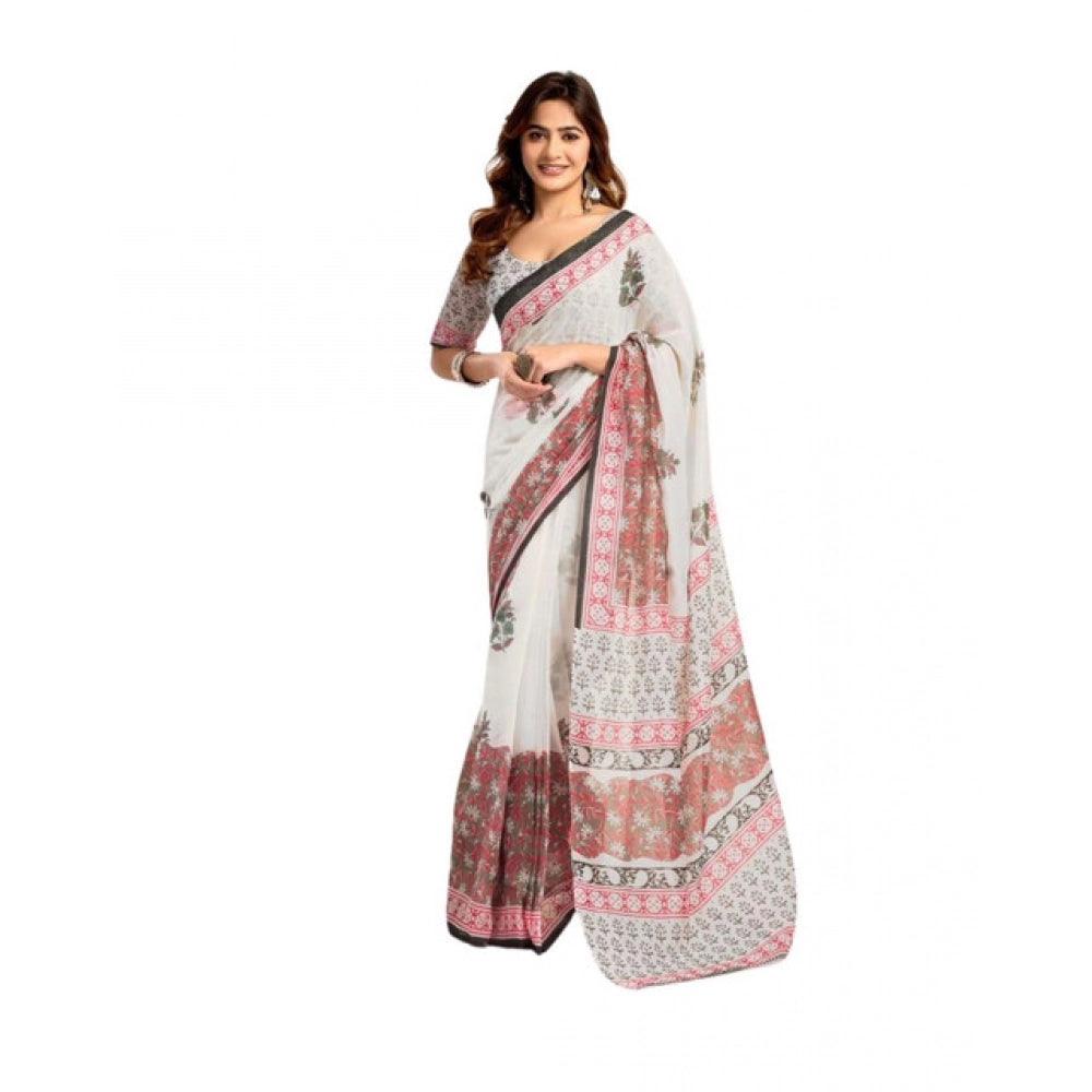 Generic Women's Faux_Linen Printed Ready-to-Wear Saree With Unstitched Blouse 5.5 Mtr (White)