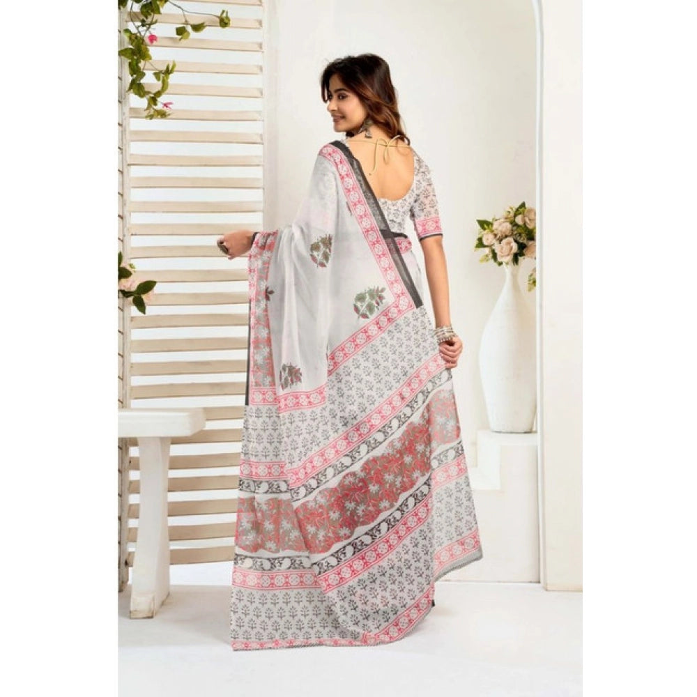 Generic Women's Faux_Linen Printed Ready-to-Wear Saree With Unstitched Blouse 5.5 Mtr (White)