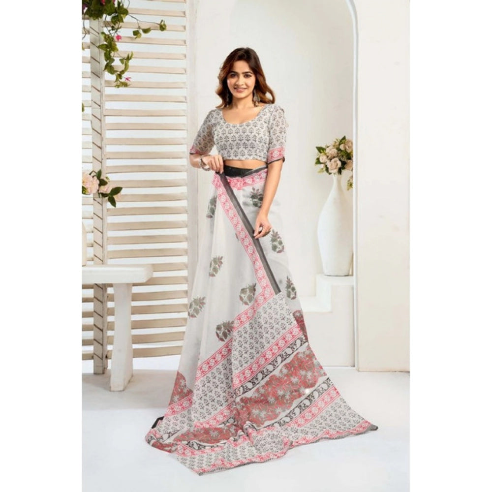 Generic Women's Faux_Linen Printed Ready-to-Wear Saree With Unstitched Blouse 5.5 Mtr (White)