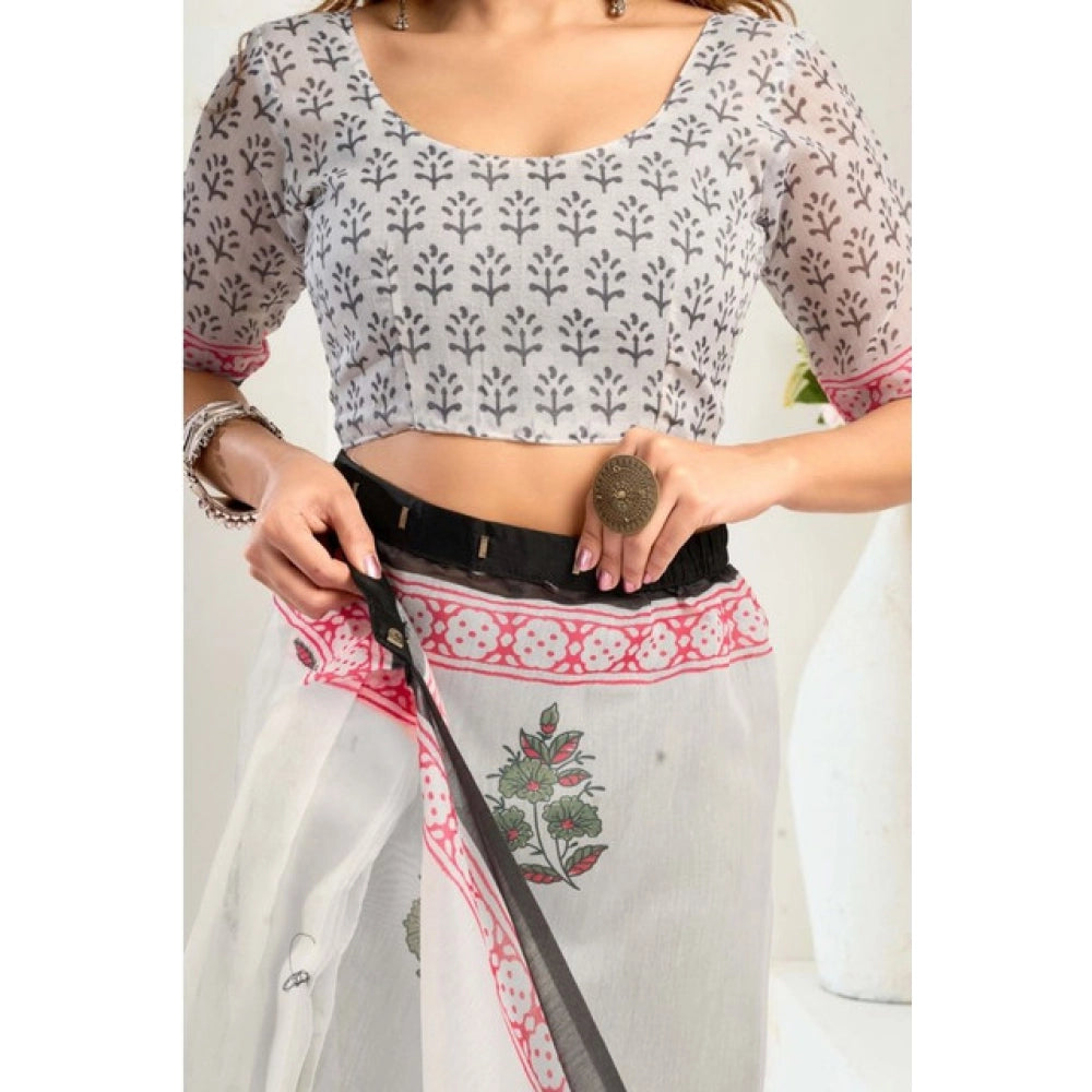 Generic Women's Faux_Linen Printed Ready-to-Wear Saree With Unstitched Blouse 5.5 Mtr (White)