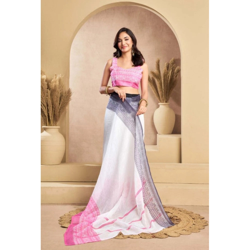 Generic Women's Faux_Linen Printed Ready-to-Wear Saree With Unstitched Blouse 5.5 Mtr (Off_White)