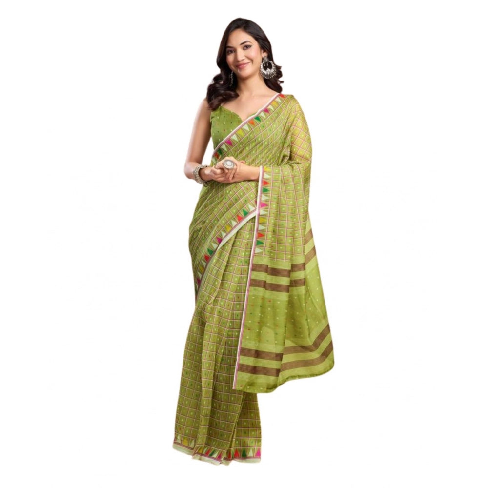Generic Women's Faux_Linen Printed Ready-to-Wear Saree With Unstitched Blouse 5.5 Mtr (Olive)