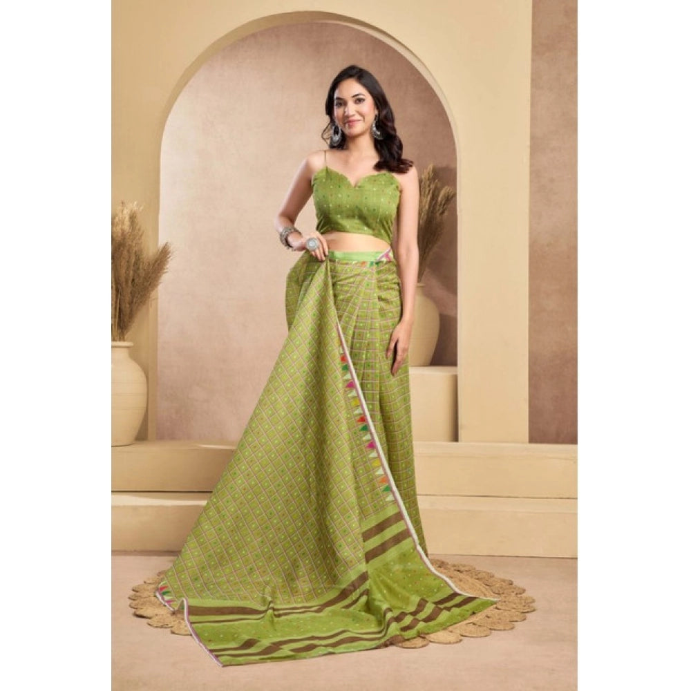 Generic Women's Faux_Linen Printed Ready-to-Wear Saree With Unstitched Blouse 5.5 Mtr (Olive)