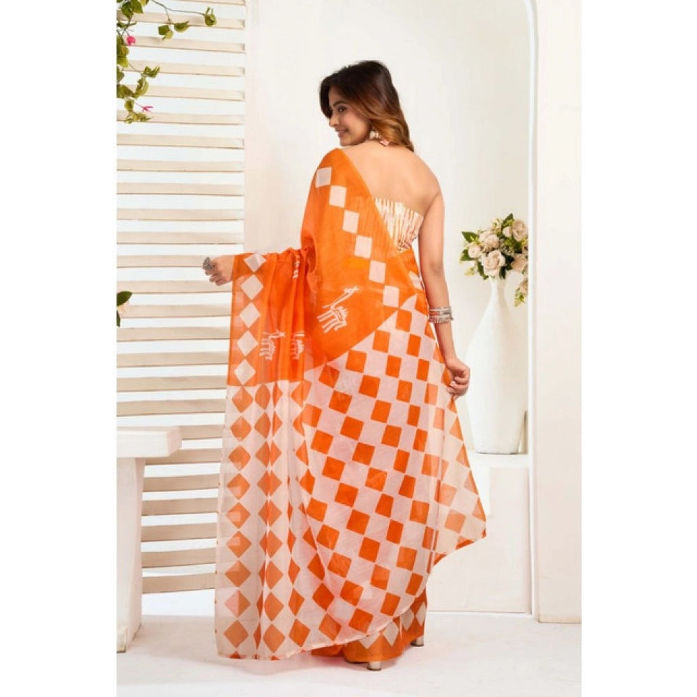 Generic Women's Faux_Linen Printed Ready-to-Wear Saree With Unstitched Blouse 5.5 Mtr (Orange)