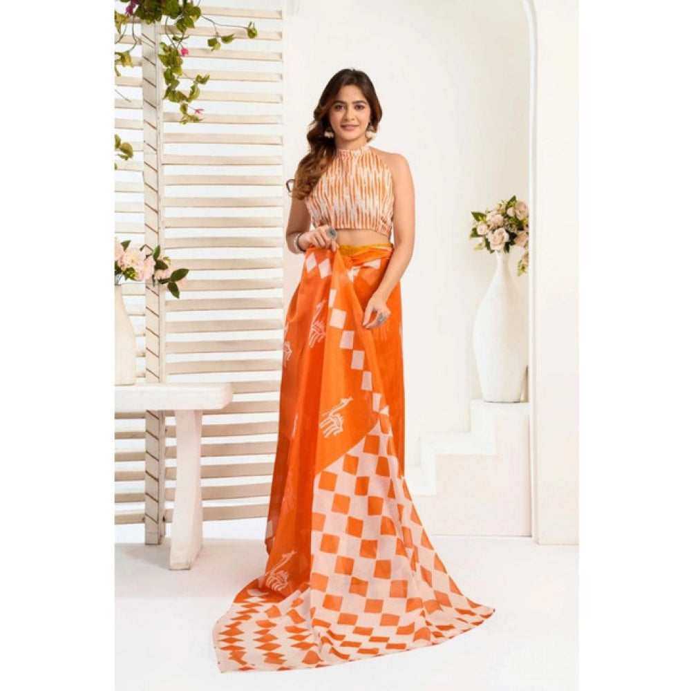 Generic Women's Faux_Linen Printed Ready-to-Wear Saree With Unstitched Blouse 5.5 Mtr (Orange)
