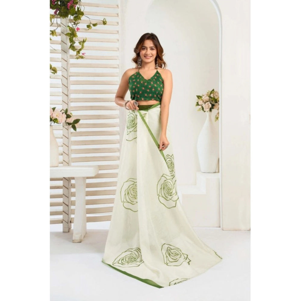 Generic Women's Faux_Linen Printed Ready-to-Wear Saree With Unstitched Blouse 5.5 Mtr (White)