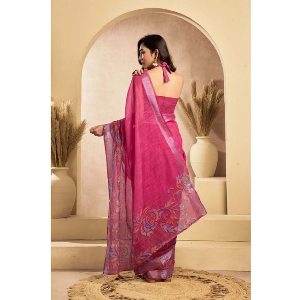 Generic Women's Faux_Linen Printed Ready-to-Wear Saree With Unstitched Blouse 5.5 Mtr (Pink)