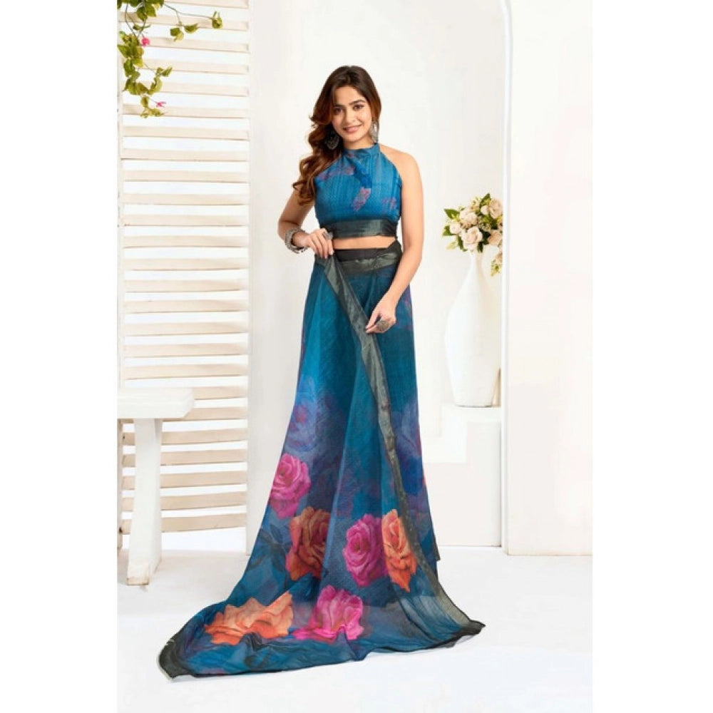 Generic Women's Faux_Linen Printed Ready-to-Wear Saree With Unstitched Blouse 5.5 Mtr (Teal)