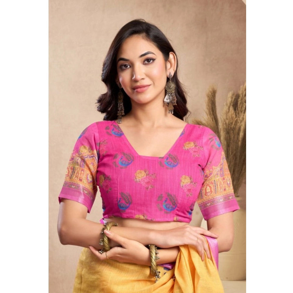 Generic Women's Faux_Linen Printed Ready-to-Wear Saree With Unstitched Blouse 5.5 Mtr (Yellow)