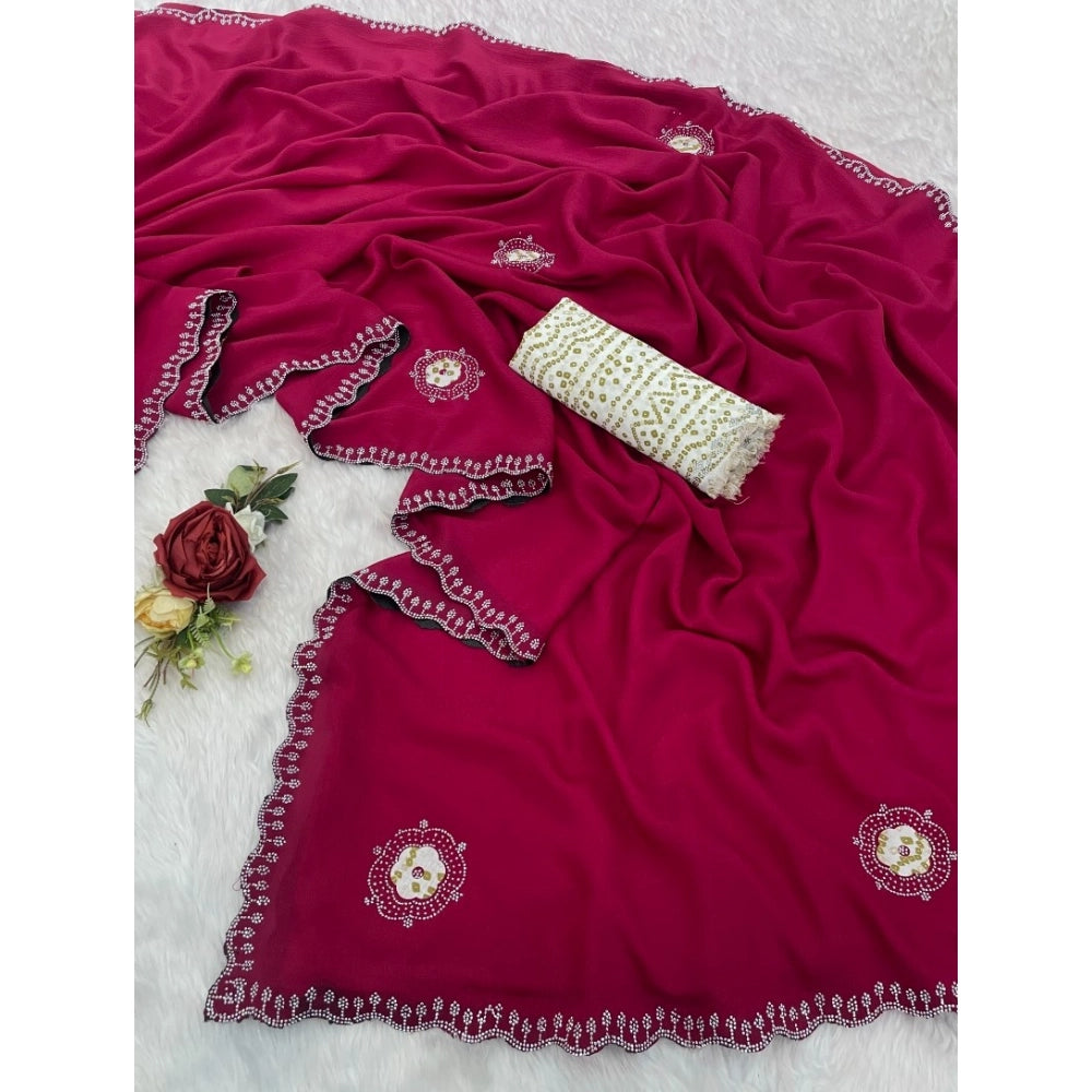 Generic Women's Chiffon Butti Dotted Saree With Unstitched Blouse 5.5Mtr (Pink)