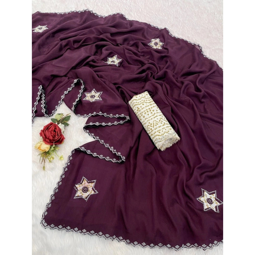 Generic Women's Chiffon Butti Dotted Saree With Unstitched Blouse 5.5Mtr (Wine)
