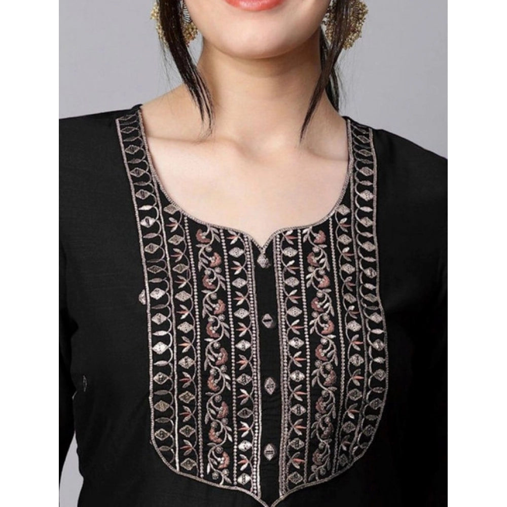 Generic Women's Tesla Silk Embroidered U-Neck Kurti With Pant Dupatta Set (Black)