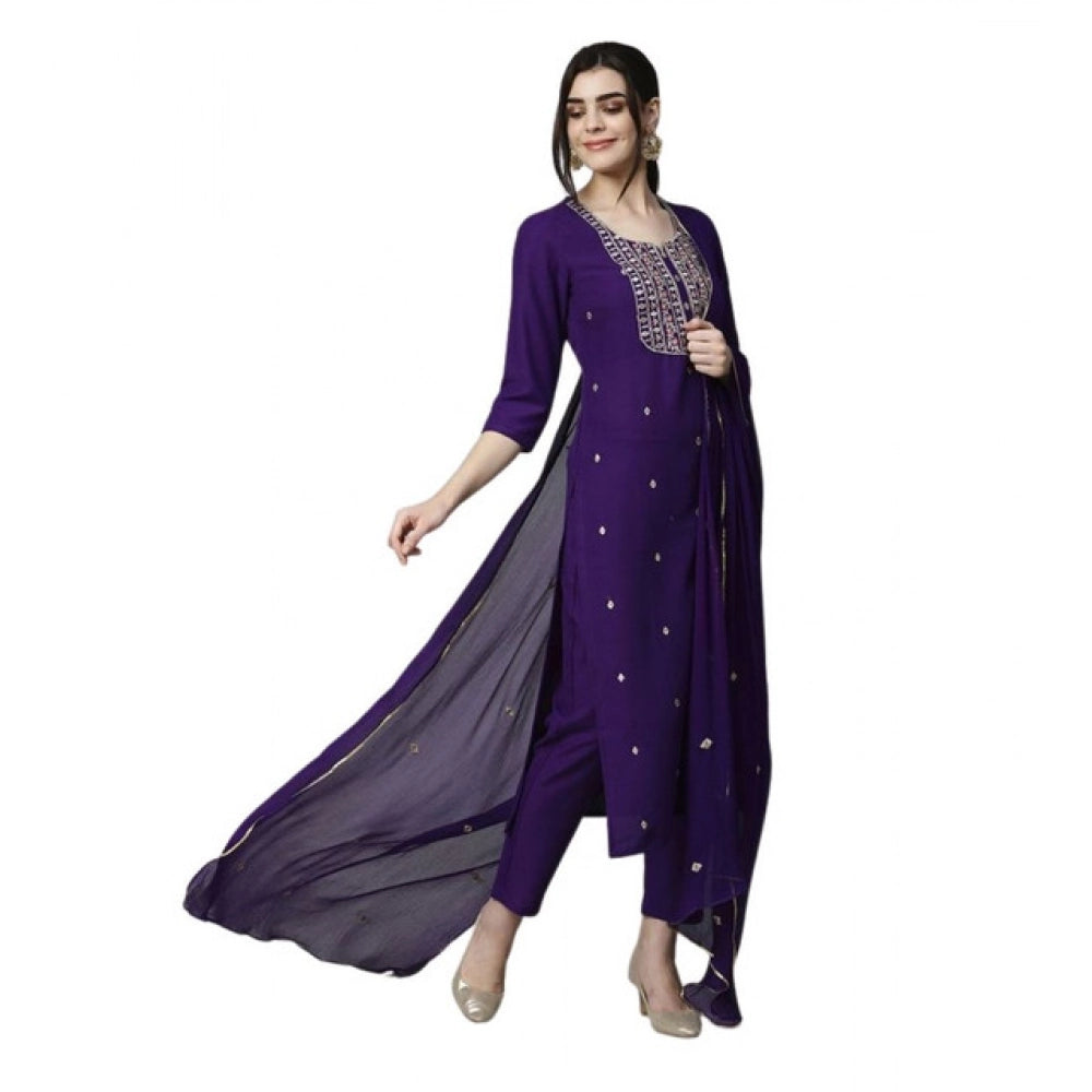 Generic Women's Tesla Silk Embroidered U-Neck Kurti With Pant Dupatta Set (Dark Purple)