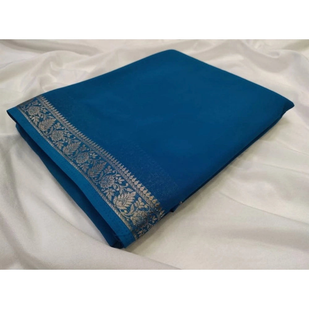 Generic Women's Crepe Chit Pallu Solid Saree With Unstitched Blouse 5.5Mtr (teal blue)