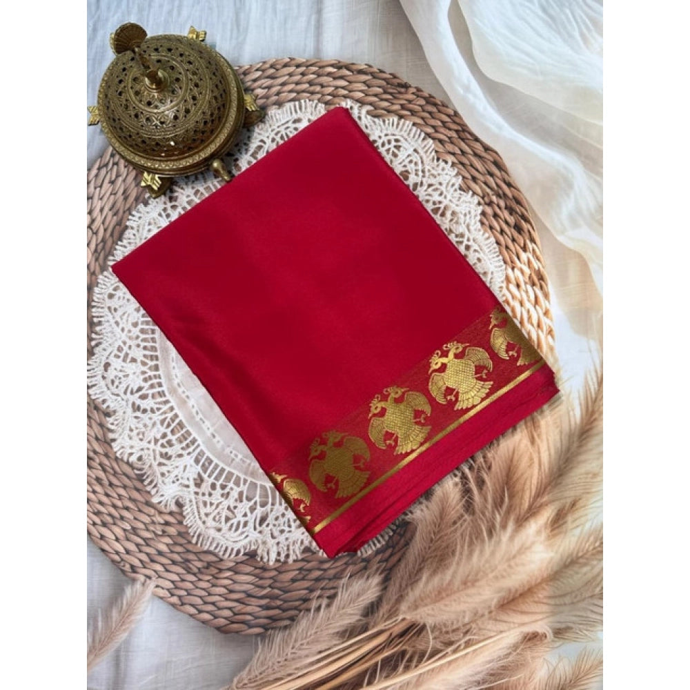 Generic Women's Crepe Chit Pallu Solid Saree With Unstitched Blouse 5.5Mtr (Red)