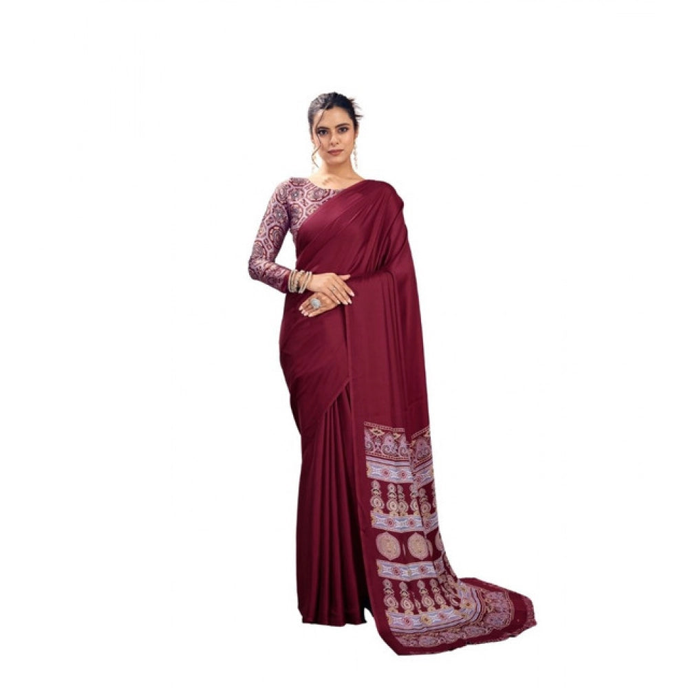 Generic Women's Satin Crepe Printed Saree With Unstitched Blouse 5.5Mtr (Maroon)