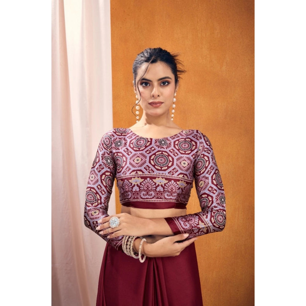 Generic Women's Satin Crepe Printed Saree With Unstitched Blouse 5.5Mtr (Maroon)