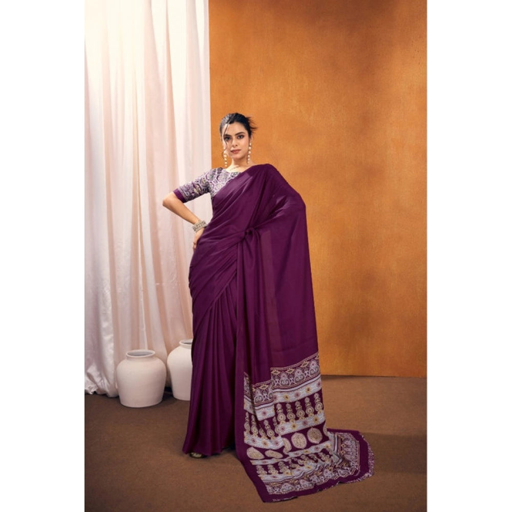 Generic Women's Satin Crepe Printed Saree With Unstitched Blouse 5.5Mtr (Purple)