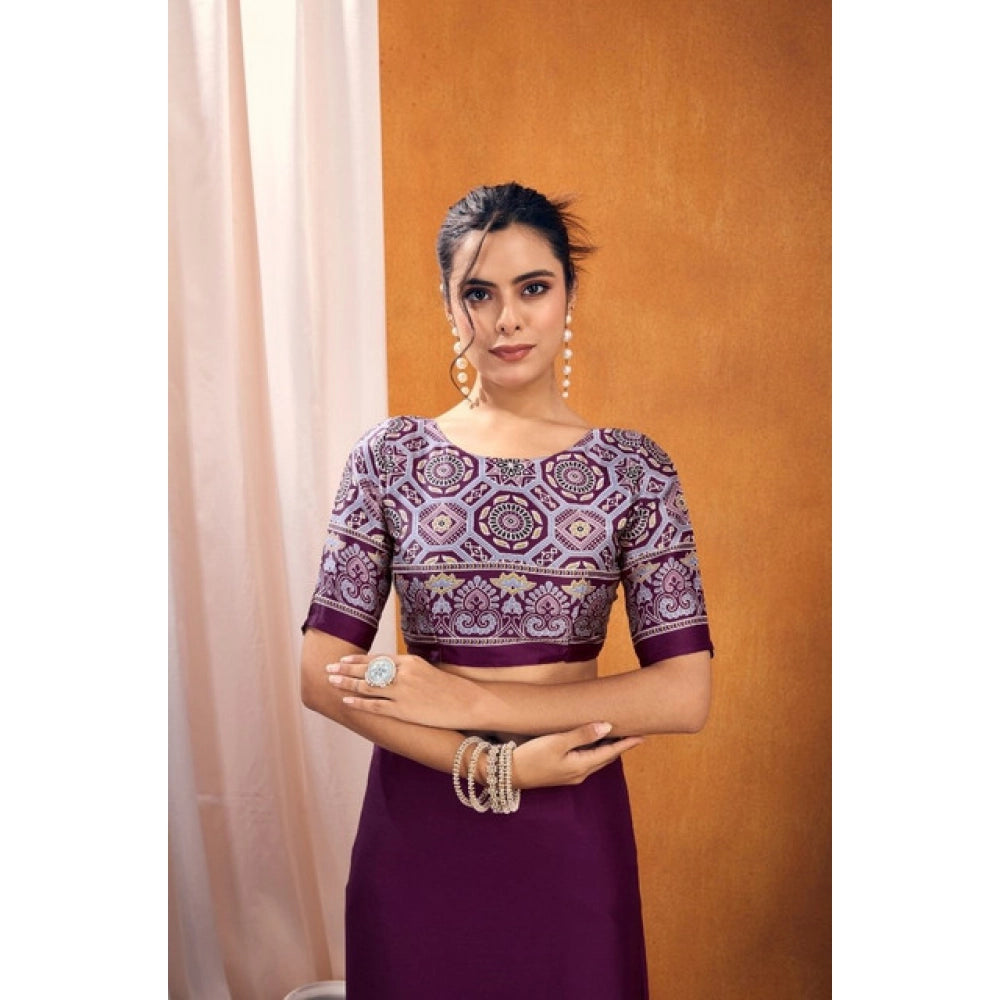 Generic Women's Satin Crepe Printed Saree With Unstitched Blouse 5.5Mtr (Purple)