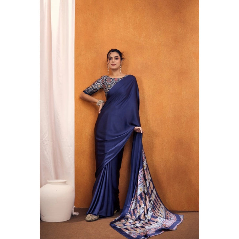 Generic Women's Satin Crepe Printed Saree With Unstitched Blouse 5.5Mtr (Navy Blue)