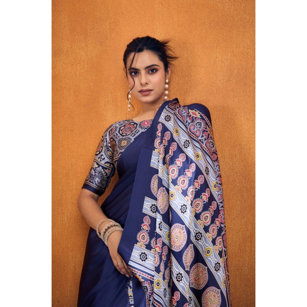Generic Women's Satin Crepe Printed Saree With Unstitched Blouse 5.5Mtr (Navy Blue)