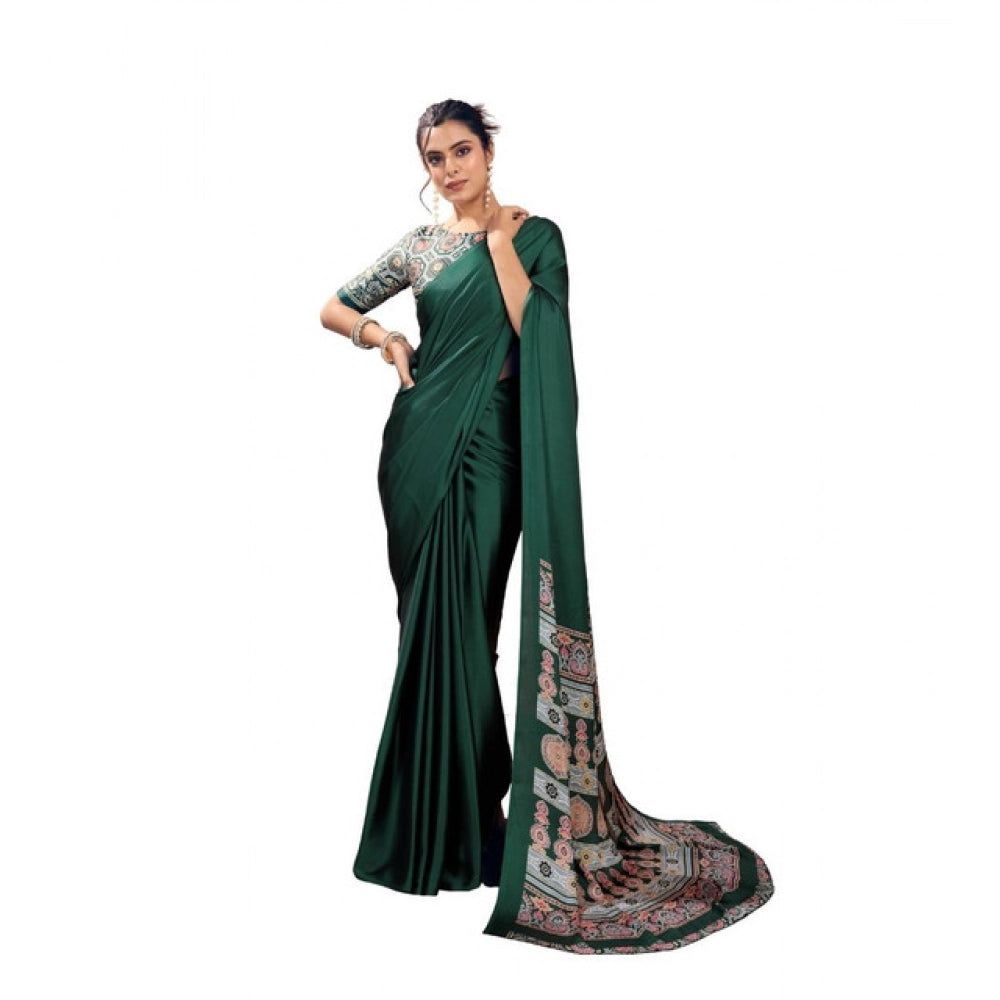 Generic Women's Satin Crepe Printed Saree With Unstitched Blouse 5.5Mtr (Bottle Green)