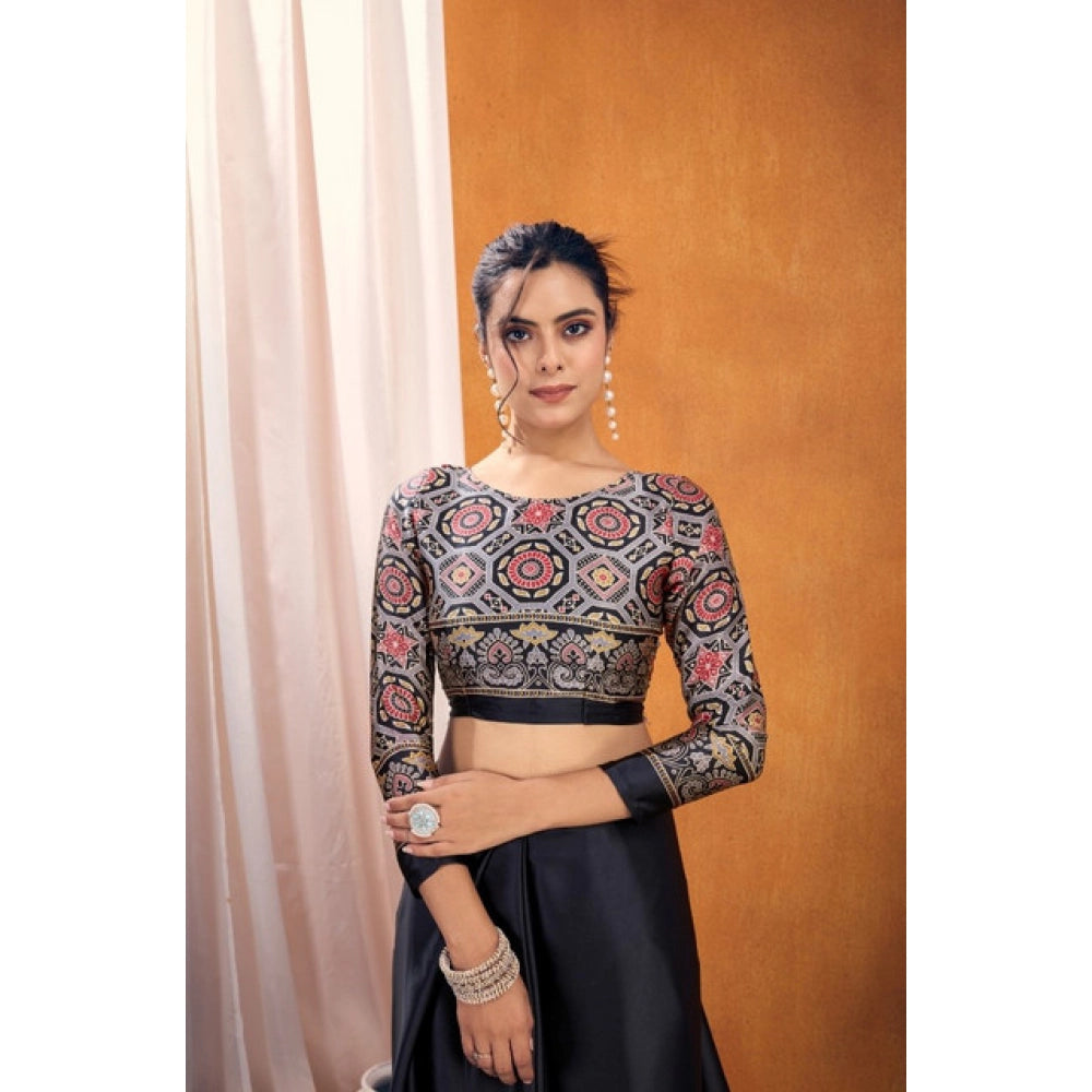 Generic Women's Satin Crepe Printed Saree With Unstitched Blouse 5.5Mtr (Black)