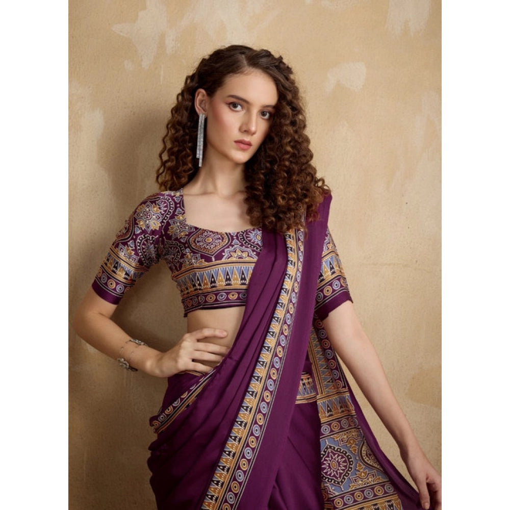 Generic Women's Satin Crepe Printed Saree With Unstitched Blouse 5.5Mtr (Purple)