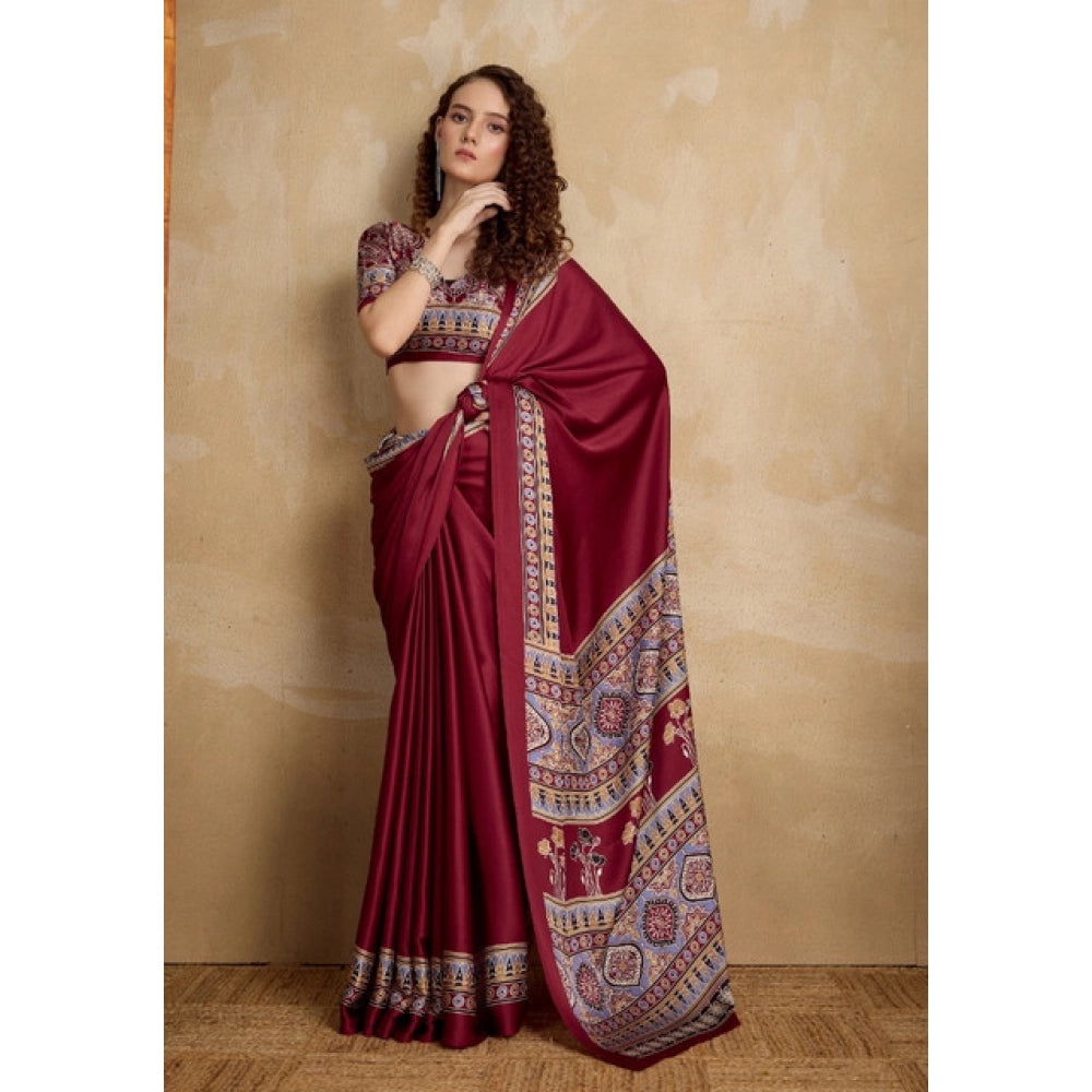 Generic Women's Satin Crepe Printed Saree With Unstitched Blouse 5.5Mtr (Maroon)