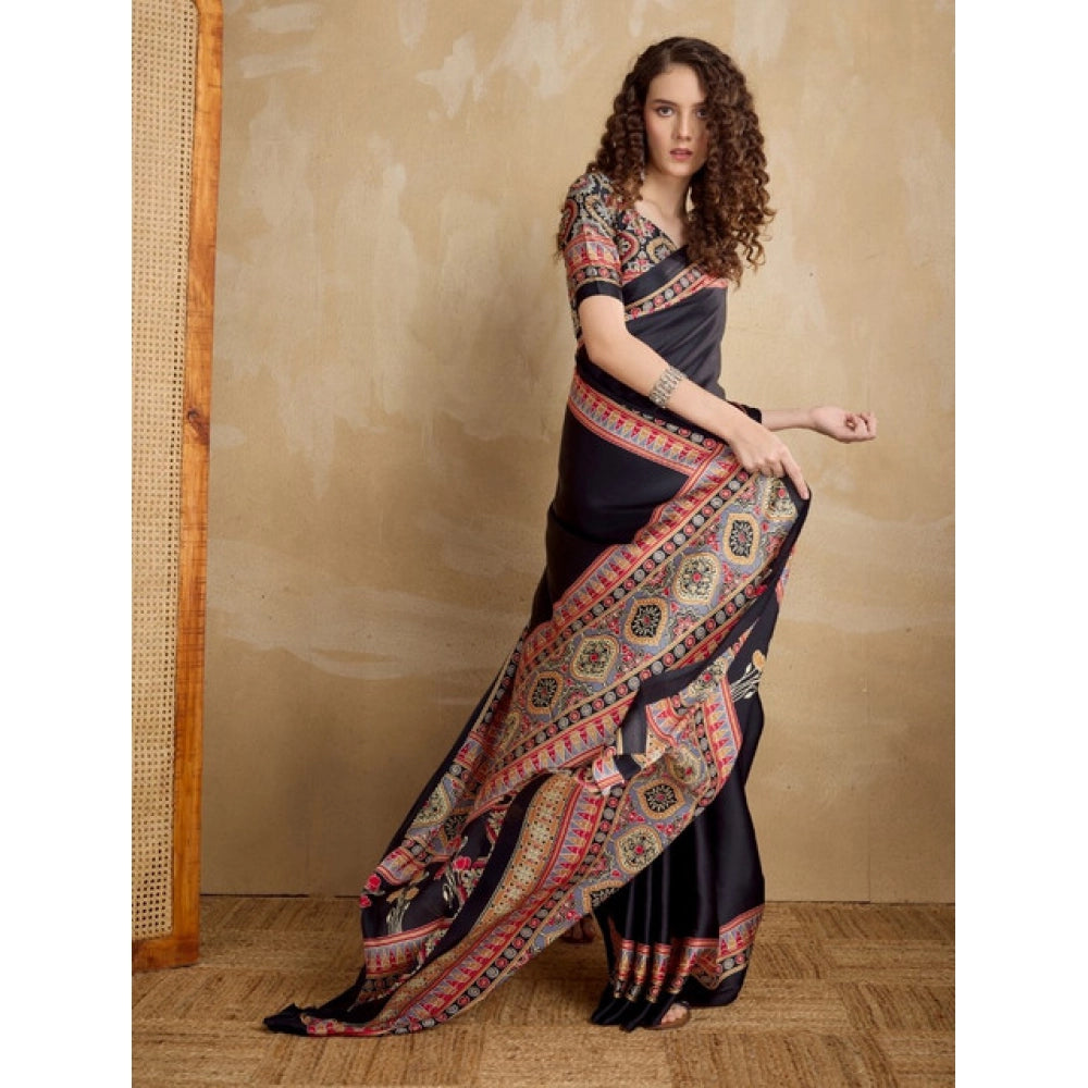 Generic Women's Satin Crepe Printed Saree With Unstitched Blouse 5.5Mtr (Black)