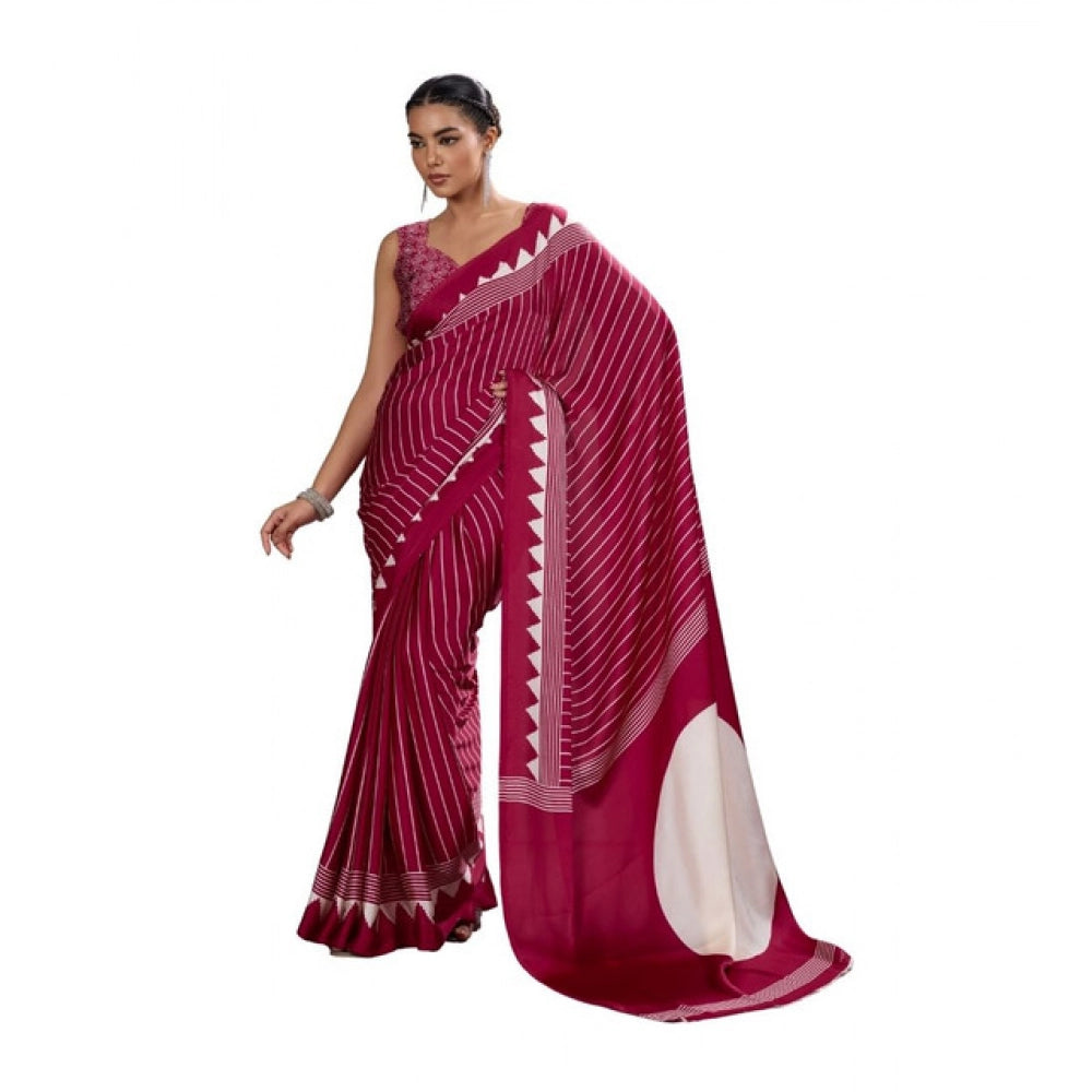Generic Women's Satin Crepe Printed Saree With Unstitched Blouse 5.5Mtr (Maroon)