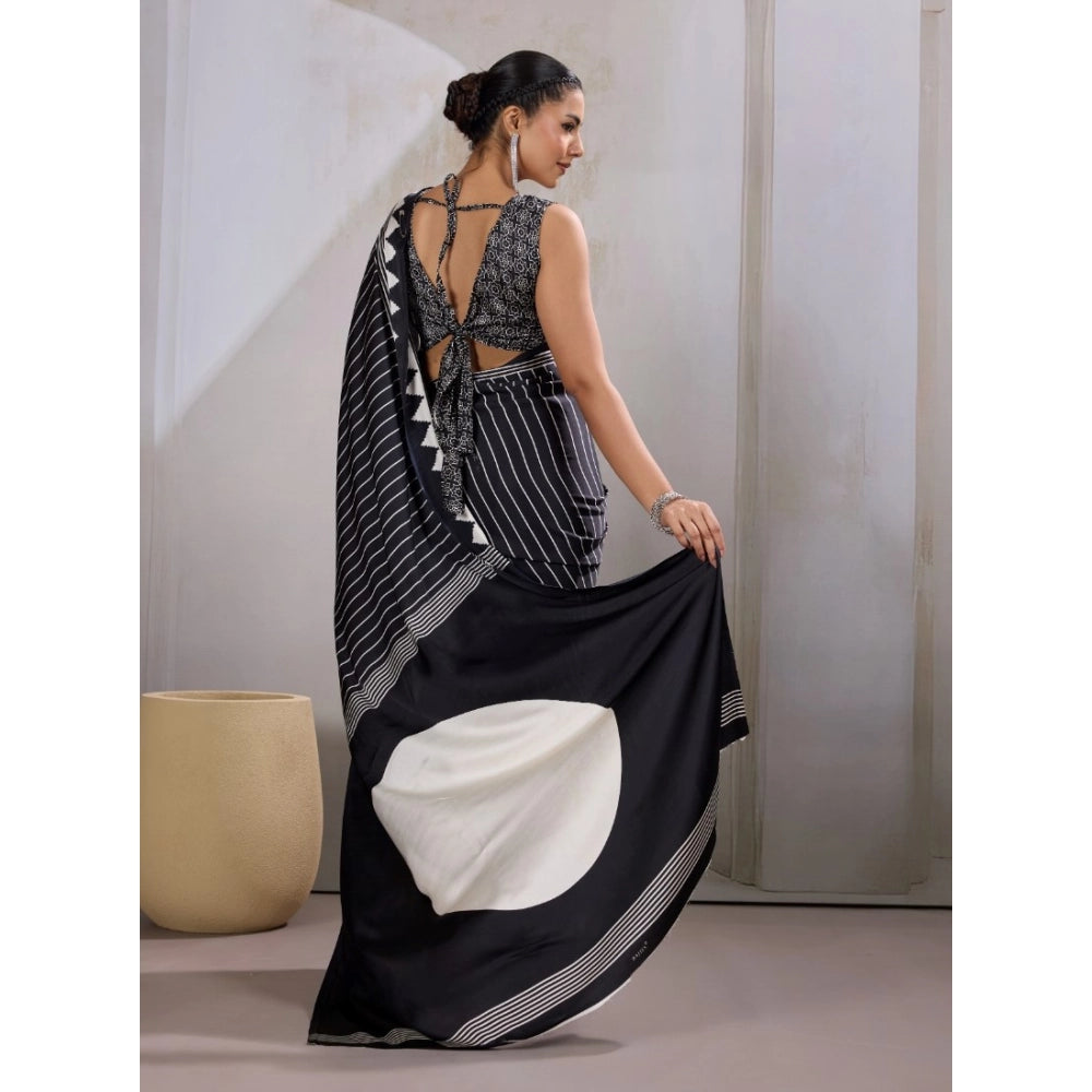 Generic Women's Satin Crepe Printed Saree With Unstitched Blouse 5.5Mtr (Black)