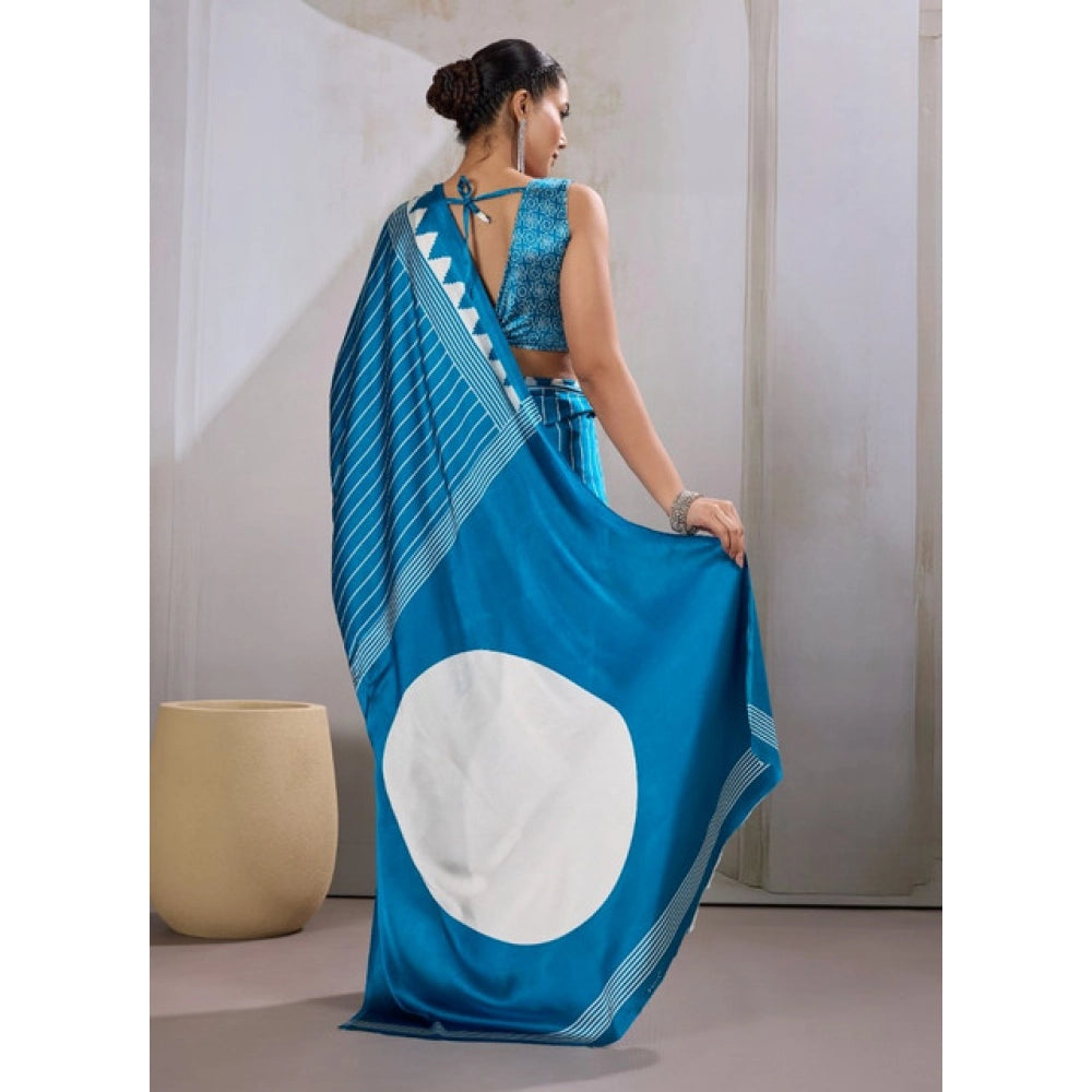 Generic Women's Satin Crepe Printed Saree With Unstitched Blouse 5.5Mtr (Rama Blue)