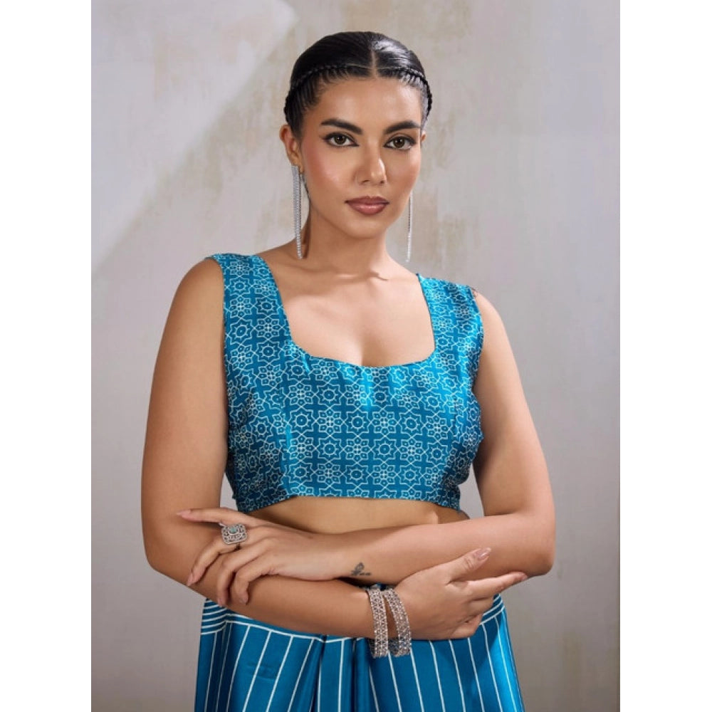 Generic Women's Satin Crepe Printed Saree With Unstitched Blouse 5.5Mtr (Rama Blue)