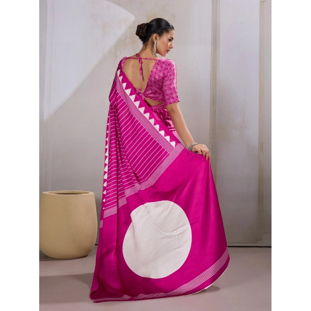 Generic Women's Satin Crepe Printed Saree With Unstitched Blouse 5.5Mtr (Pink)