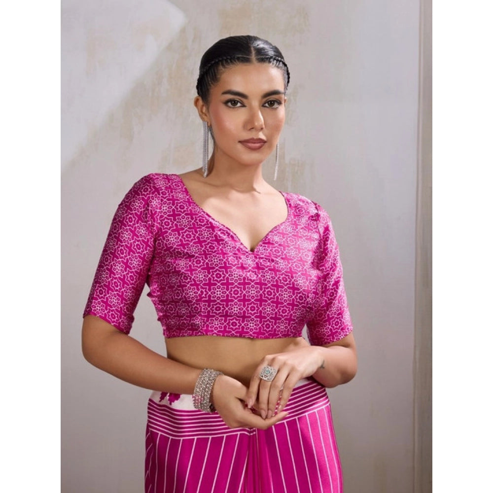 Generic Women's Satin Crepe Printed Saree With Unstitched Blouse 5.5Mtr (Pink)