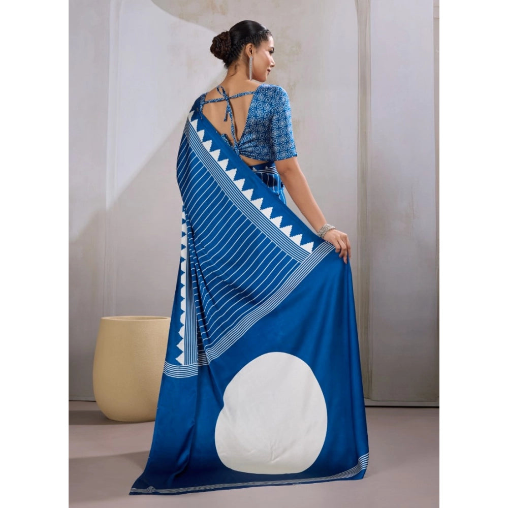 Generic Women's Satin Crepe Printed Saree With Unstitched Blouse 5.5Mtr (Blue)