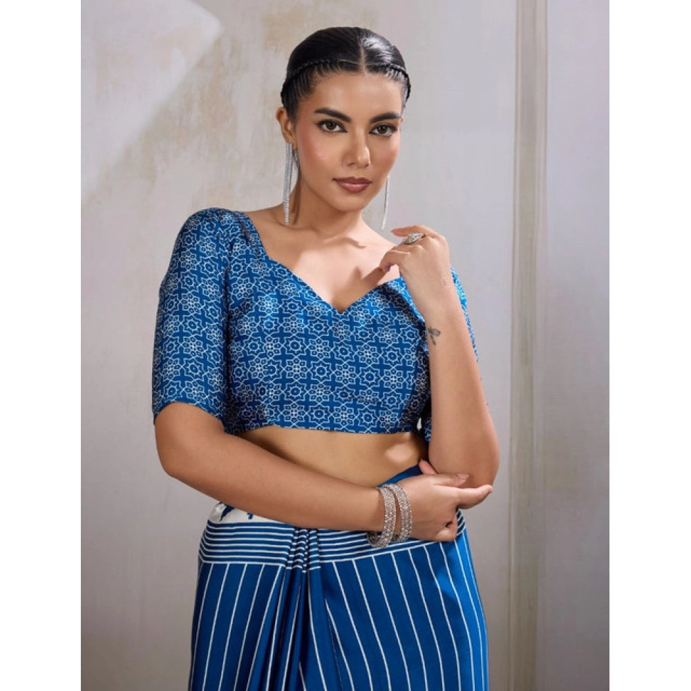 Generic Women's Satin Crepe Printed Saree With Unstitched Blouse 5.5Mtr (Blue)