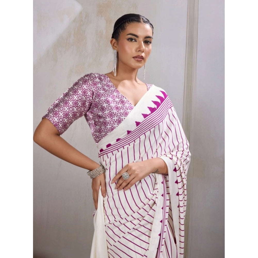 Generic Women's Satin Crepe Printed Saree With Unstitched Blouse 5.5Mtr (White)
