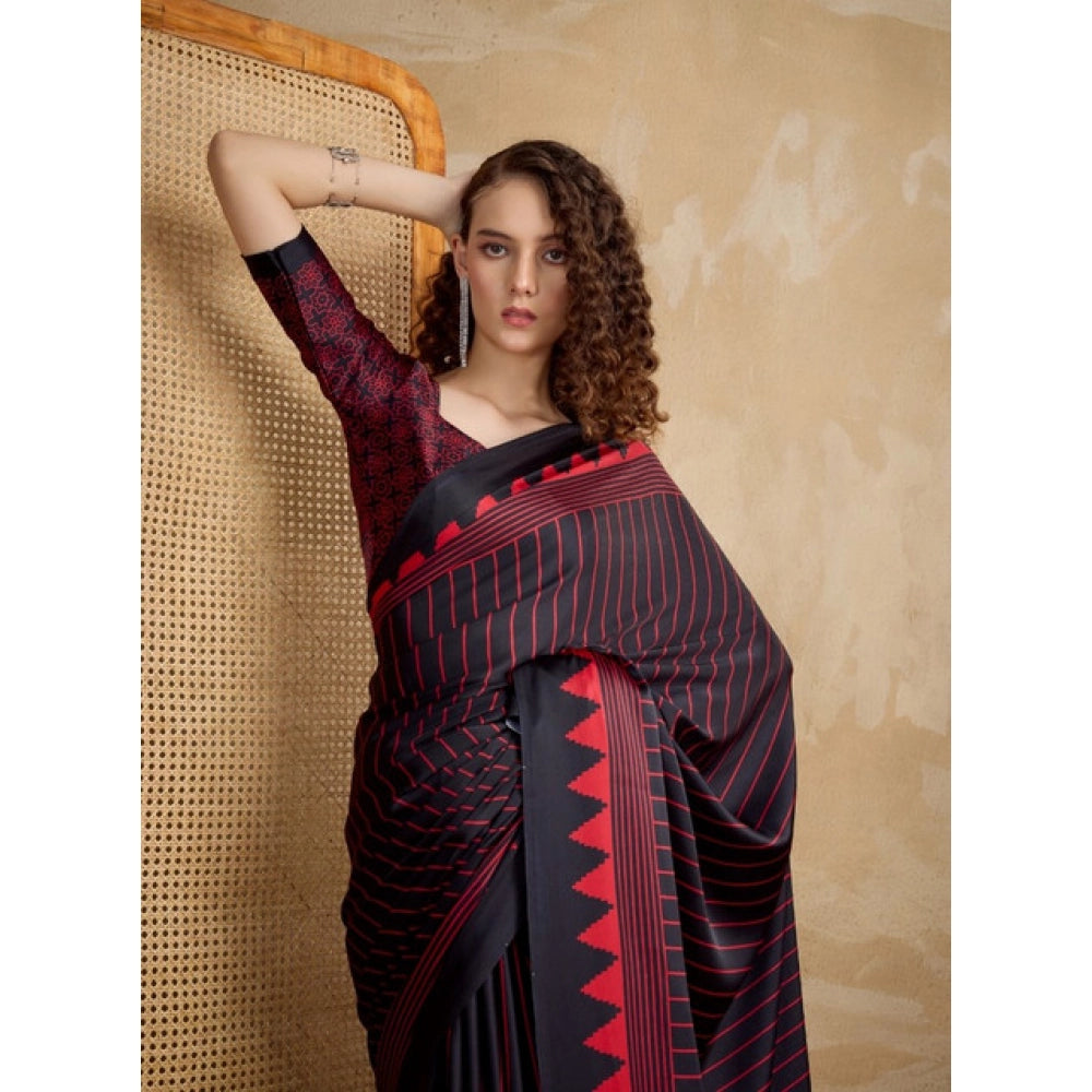 Generic Women's Satin Crepe Printed Saree With Unstitched Blouse 5.5Mtr (Black)